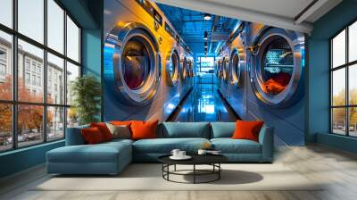 4 wet cleaning machines with clothes inside them, in a modern hi-tech busy dry cleaning business.  Wall mural